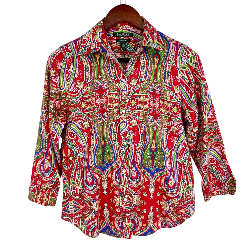 Ralph Lauren Womens Sz Small Non Iron Red Paisley Blouse Shirt Top Artsy - Picture 2 of 9